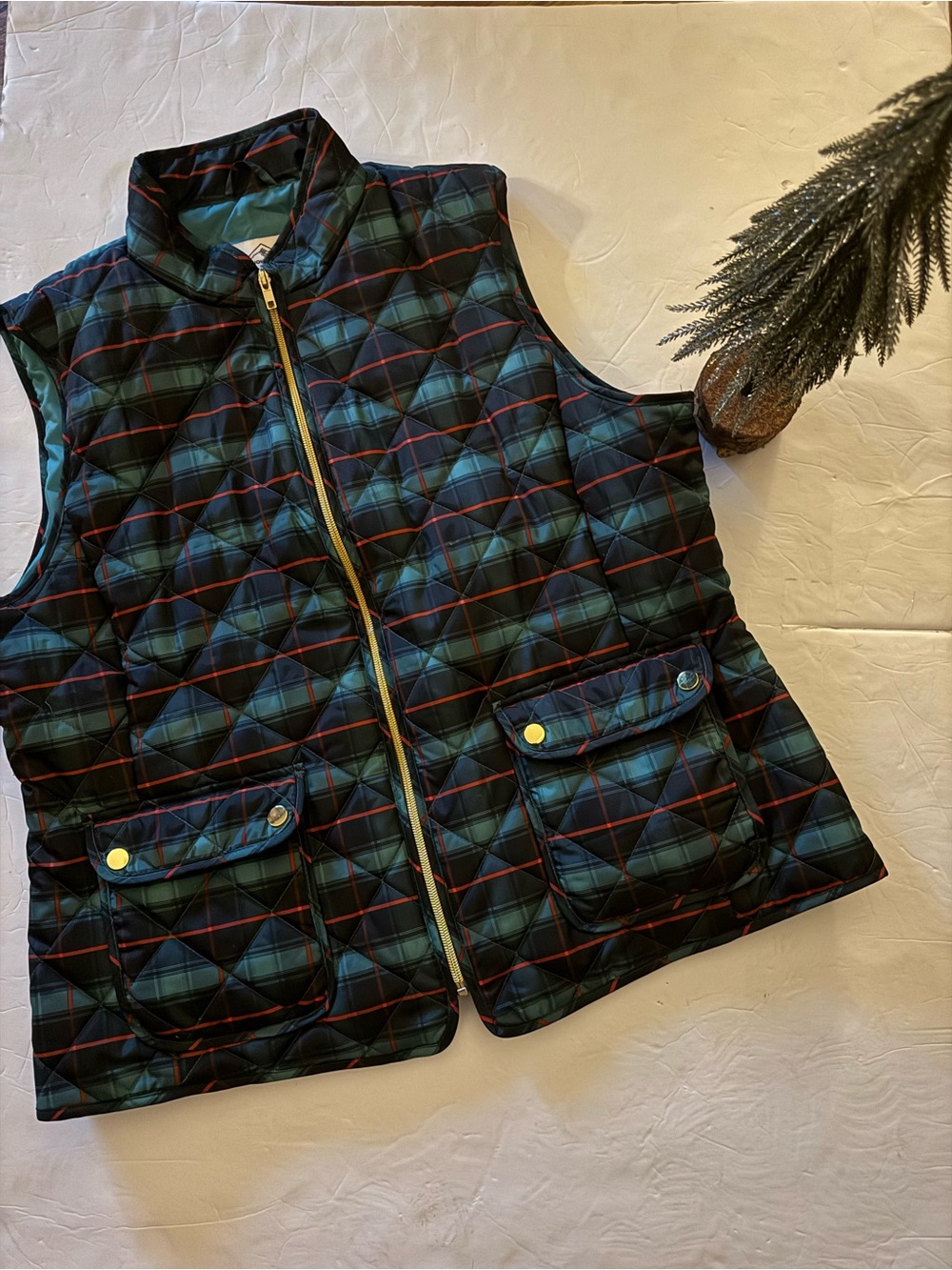 St. John's Bay Quilted Plaid Vest in Green and Black with Red Accents